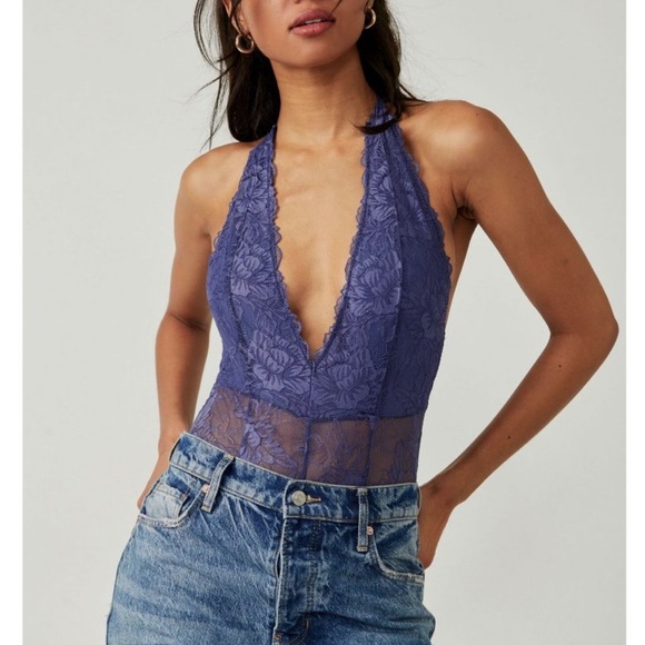 FREE PEOPLE EVERYDAY HALTER LACE BODY SUIT LARGE BLUE - Picture 4 of 7